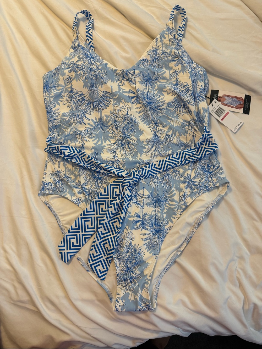 Nicole Miller Blue and White Floral One-Piece Swimsuit with Geometric Belt